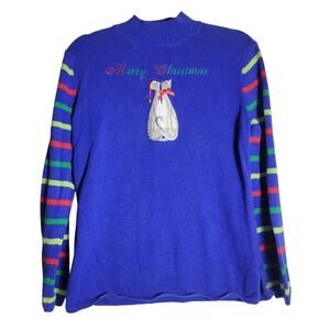 Merry & Bright Christmas Cat Sweater Womens M Blue w/ Striped Sleeves Mock Neck